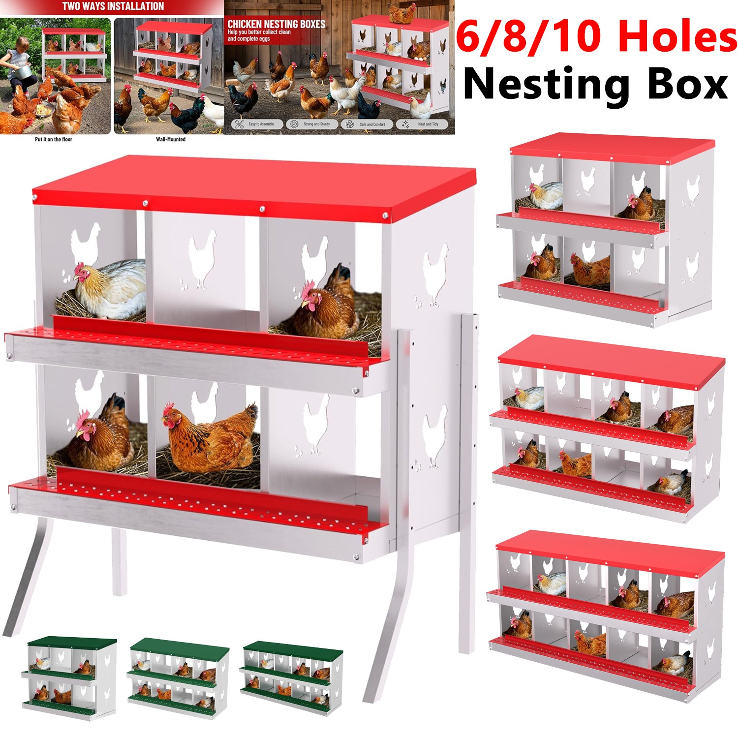 6/8/10 Holes Chicken Nesting Box Hen Egg Laying Boxes Rollout Egg Collection US