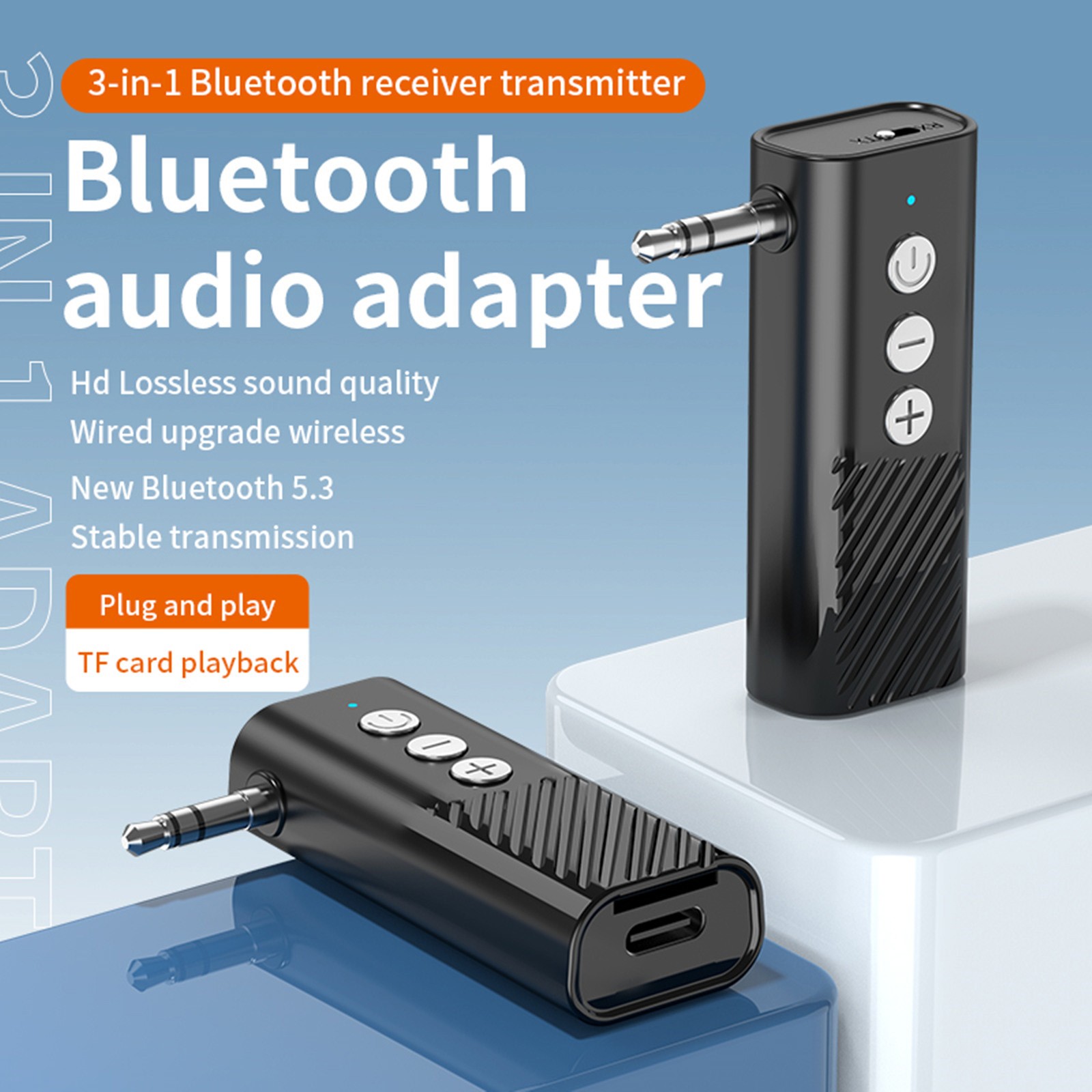 3-in-1 Wireless Bluetooth 5.3 Transmitter Receiver Adapter Audio Black ABS
