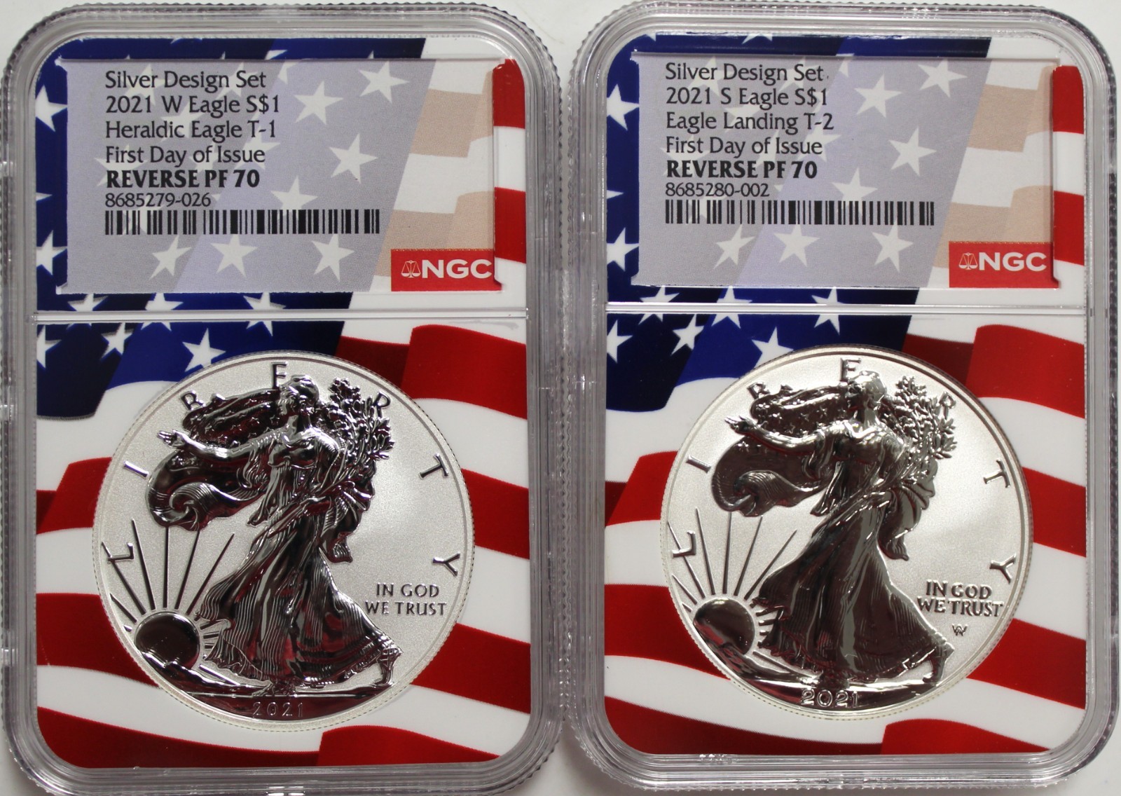 2021 WS $1 Silver Eagle T-1 & T-2 Reverse Proof 2-Coin Design Set NGC PF70 FDOI