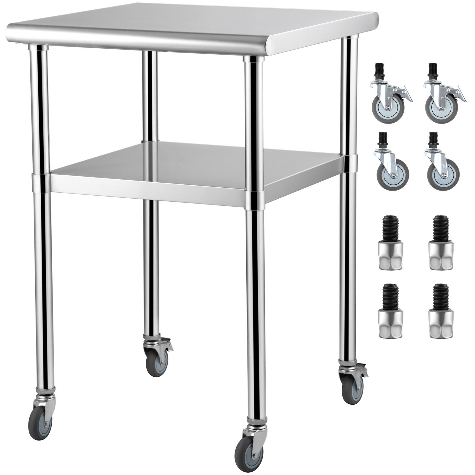 Heavy-Duty Stainless Prep Table, 24x24in Top, Adjustable Undershelf, 4 Wheels