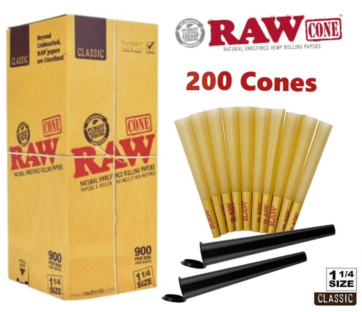 Authentic RAW Classic 1 1/4 Size Pre-Rolled Cone 200 Pack & 2 Tubes
