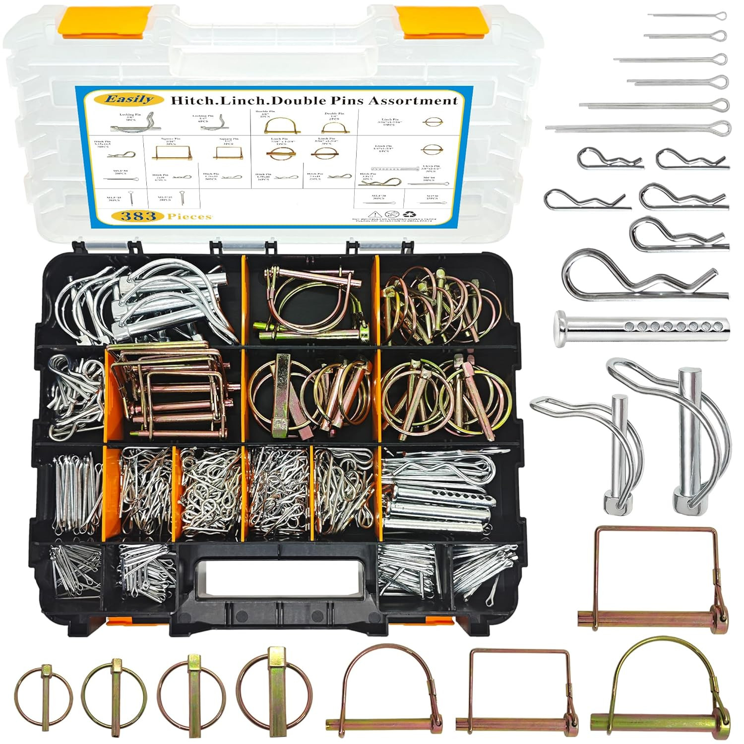 383 PCS Heavy Duty Pin Assortment Kit, Hitch Pins R Clip Pins/Hair Pins/Lynch Pi