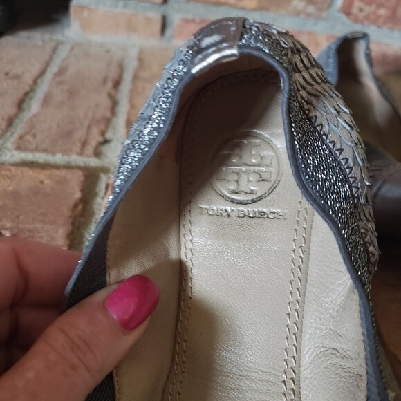 Tory Burch Silver Gabby Python Ballet Flats