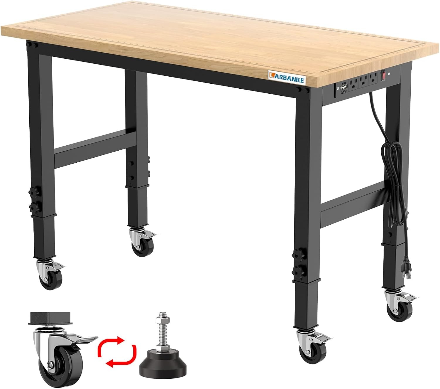 48" Adjustable Workbench with Wheels Heavy-Duty Rubber Wood Worktable with