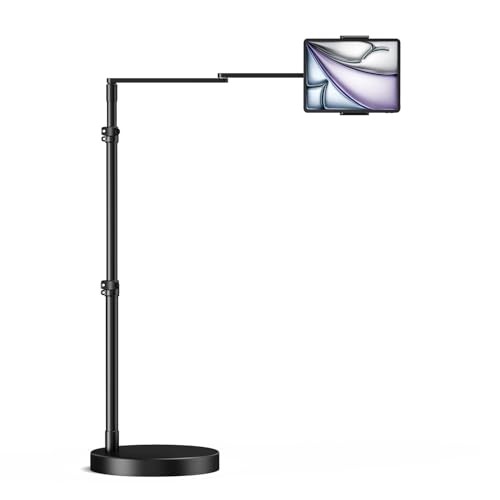 Adjustable Tablet Floor Stand with Heavy Duty Base, Side-Clamp Tablet Holder