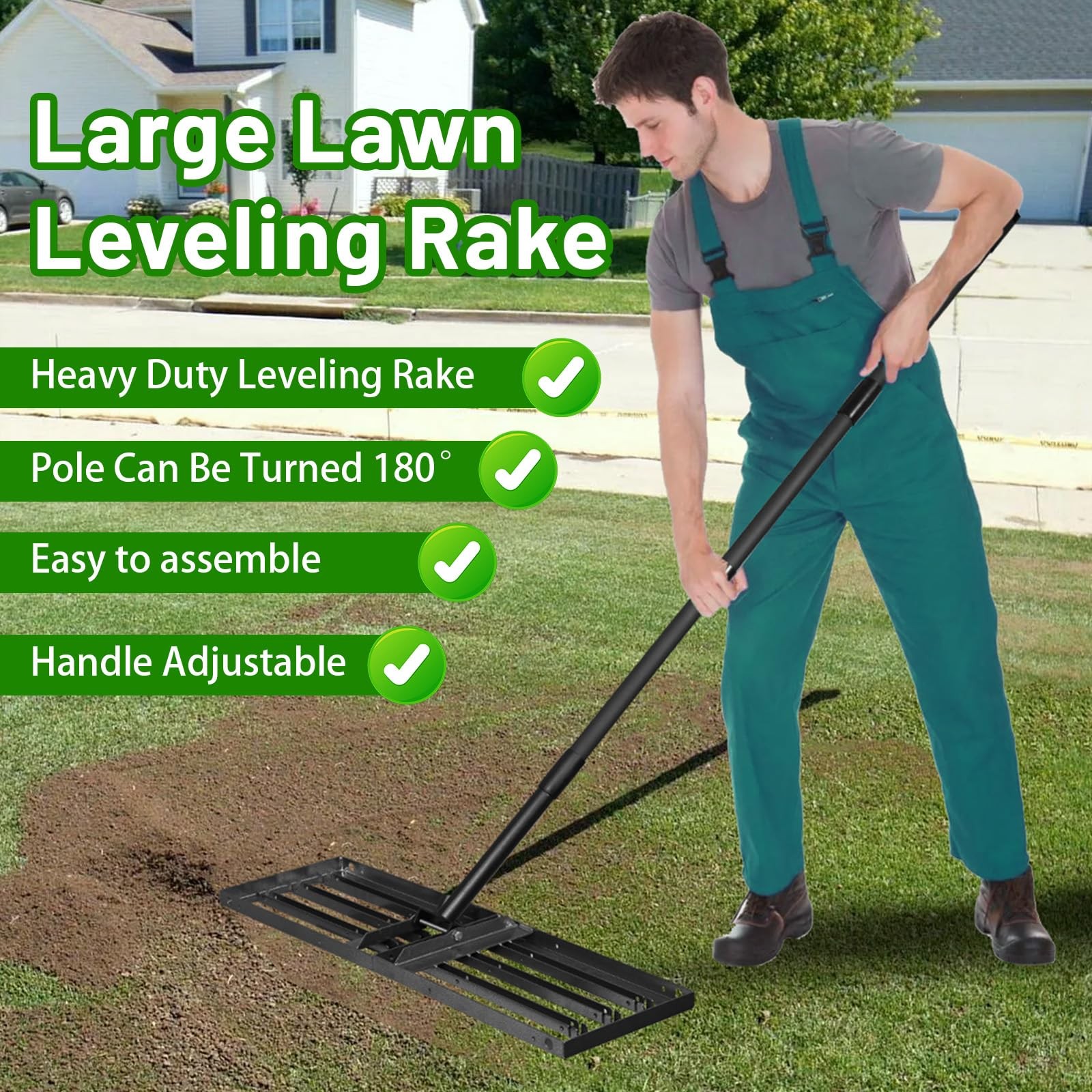 Adjustable Lawn Leveling Rake 34"x10" - Heavy Duty Tool for Soil & Grass