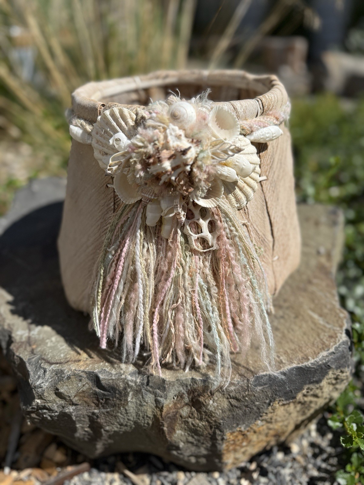 VTG 8.5” Tree Bark Basket Seashells & Pastel Fibers Handmade