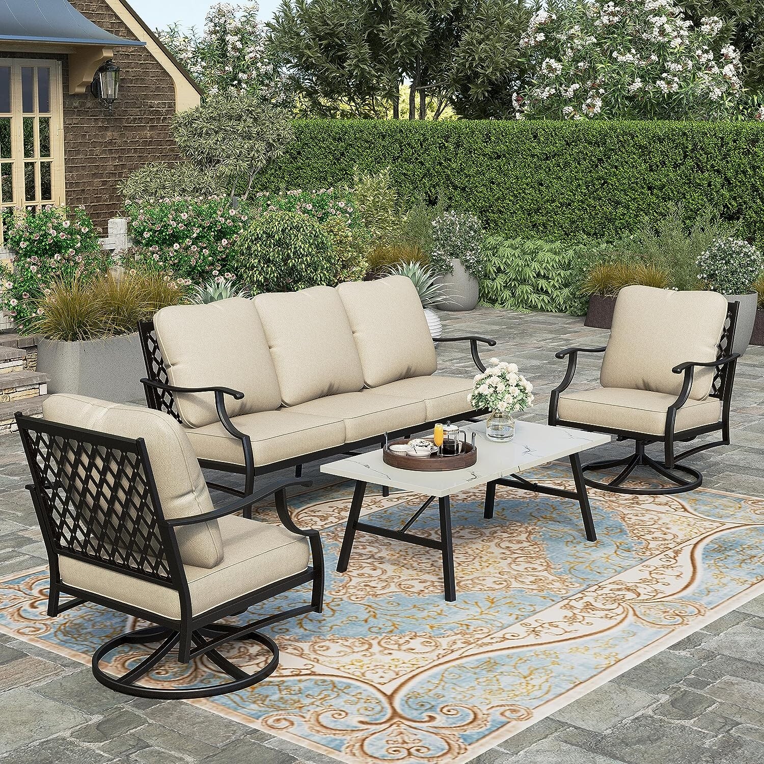 4 Piece Patio Furniture Set Outdoor Conversation Set 2 Swivel Chair for Backyard
