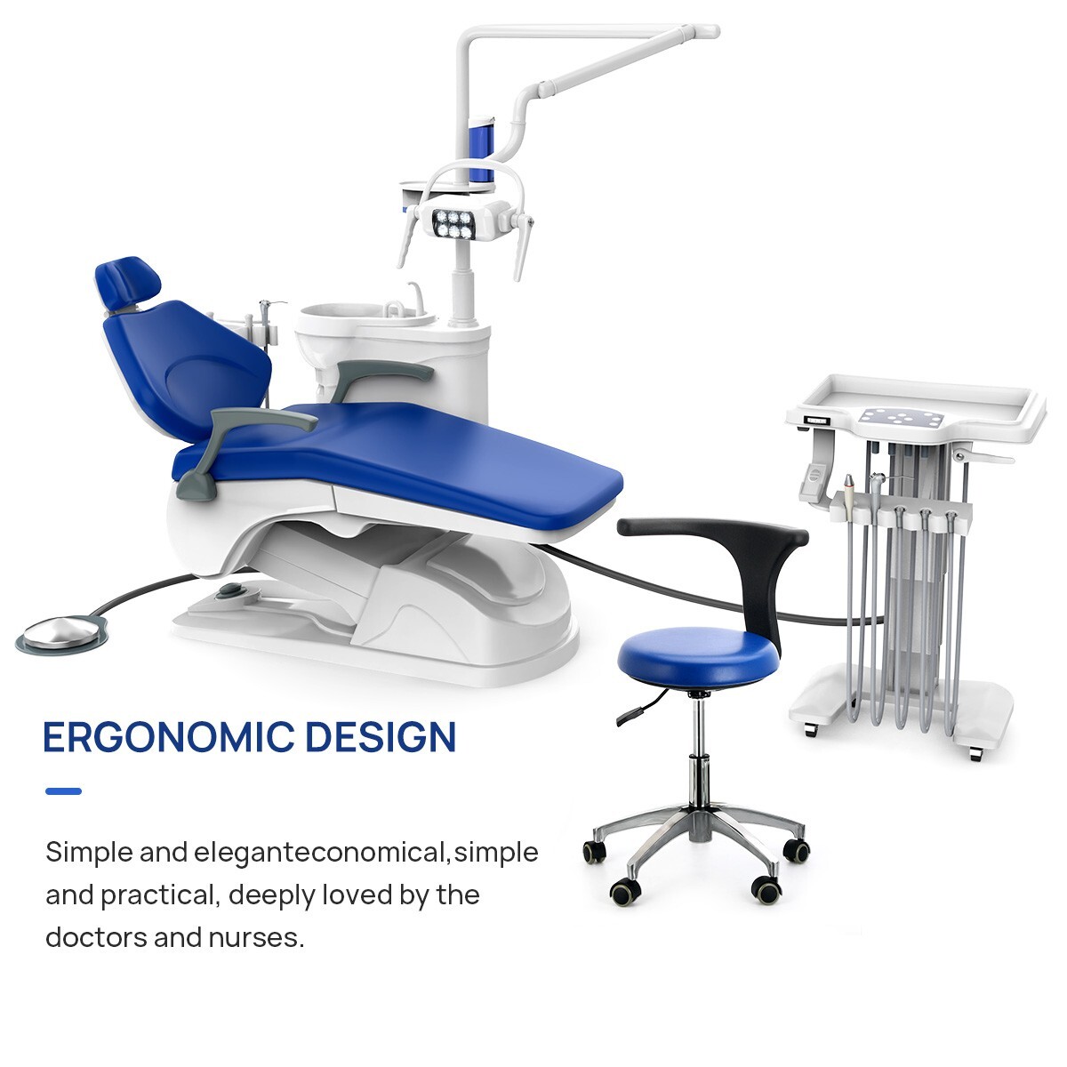 Dental Unit Chair Integral Computer Controlled + Liftable mobile trolley + Stool