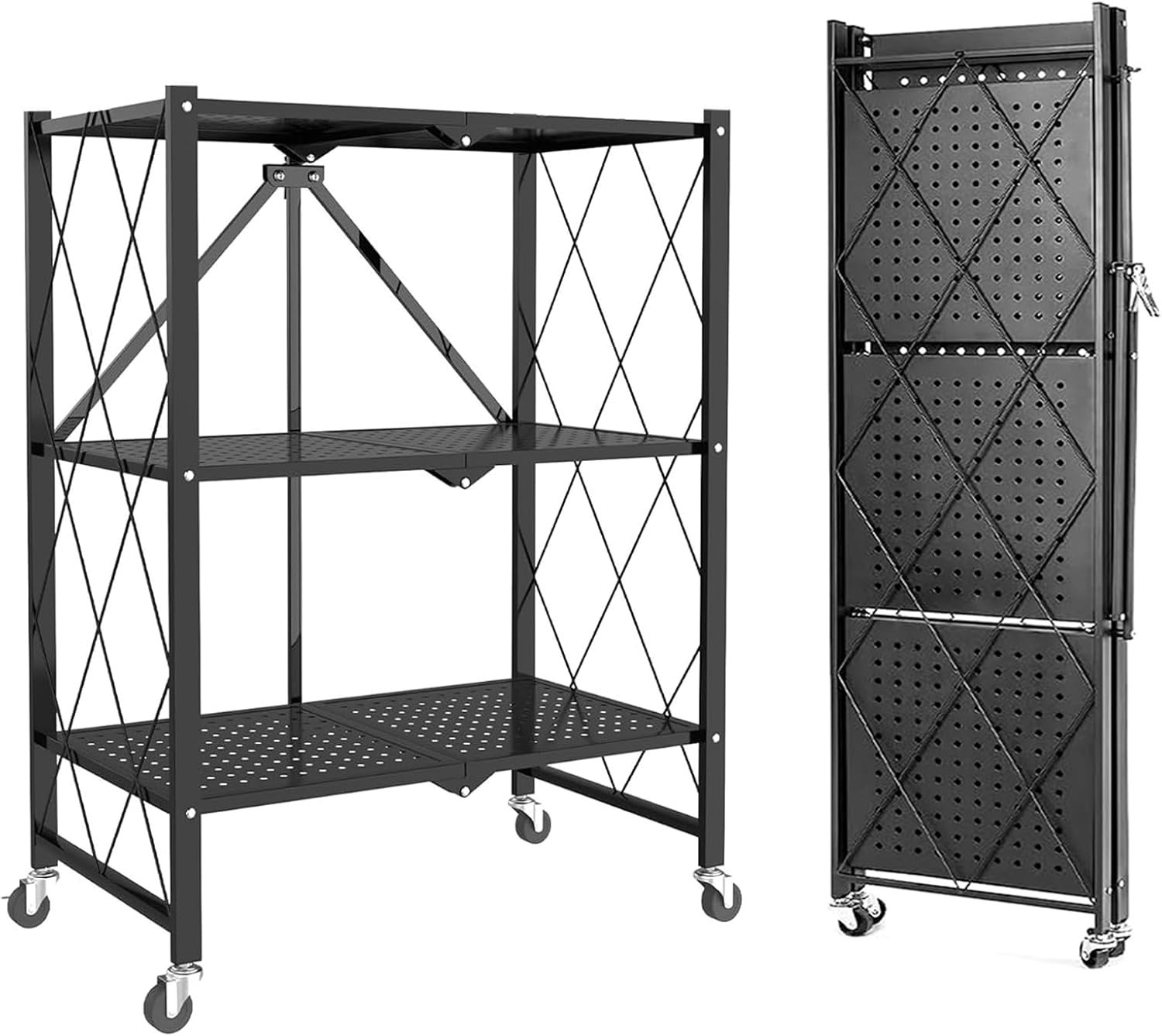 3-Tier Foldable Duty Storage Shelves with Wheels 13.4" D X 28" W X 34" H, Freest