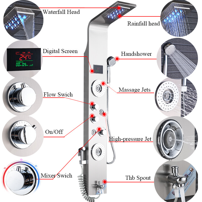 Stainless Steel LED Rain Waterfall Shower Panel Tower Column System Massage Jets
