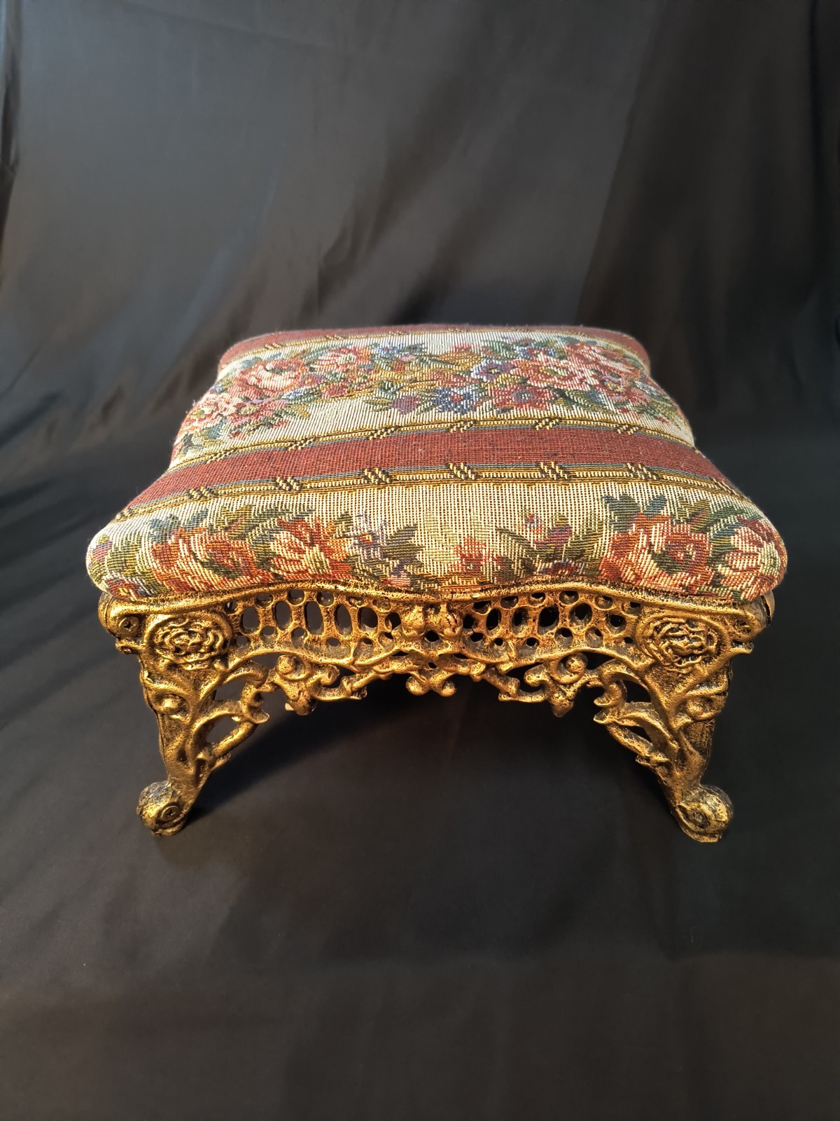 Ornate Victorian Style Cast Iron Footstool with Floral Upholstery Heavy 7"