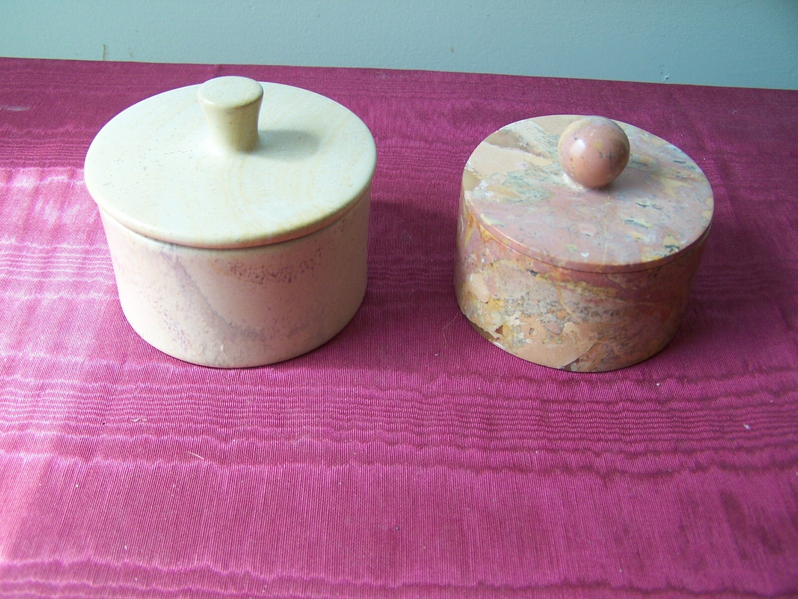 2 small soapstone (?) trinket/catchall boxes, round, lids, Hand made in Kenya,