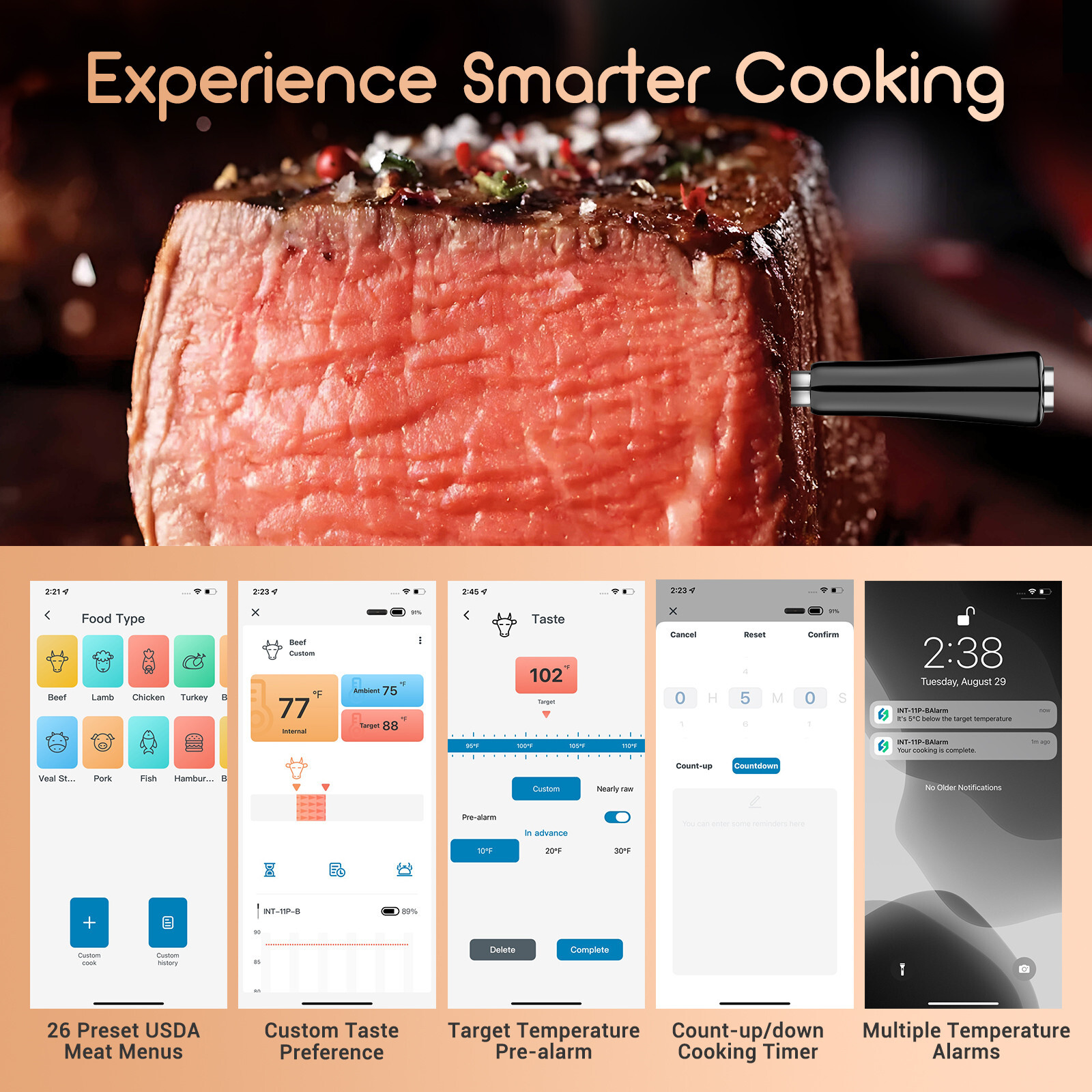 Wireless Meat Thermometer Bluetooth BBQ Temperature Meter Oven Grill 300ft App