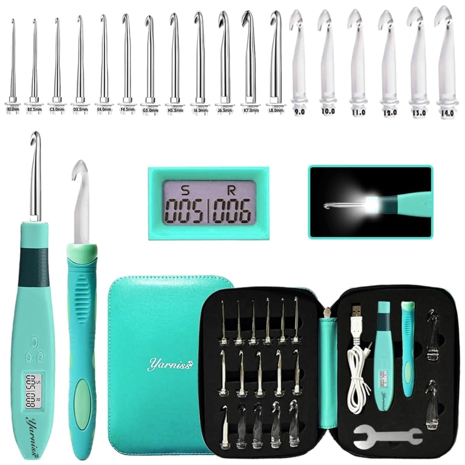 LED Crochet Hooks Set with 2.0mm-14.0mm Sizes