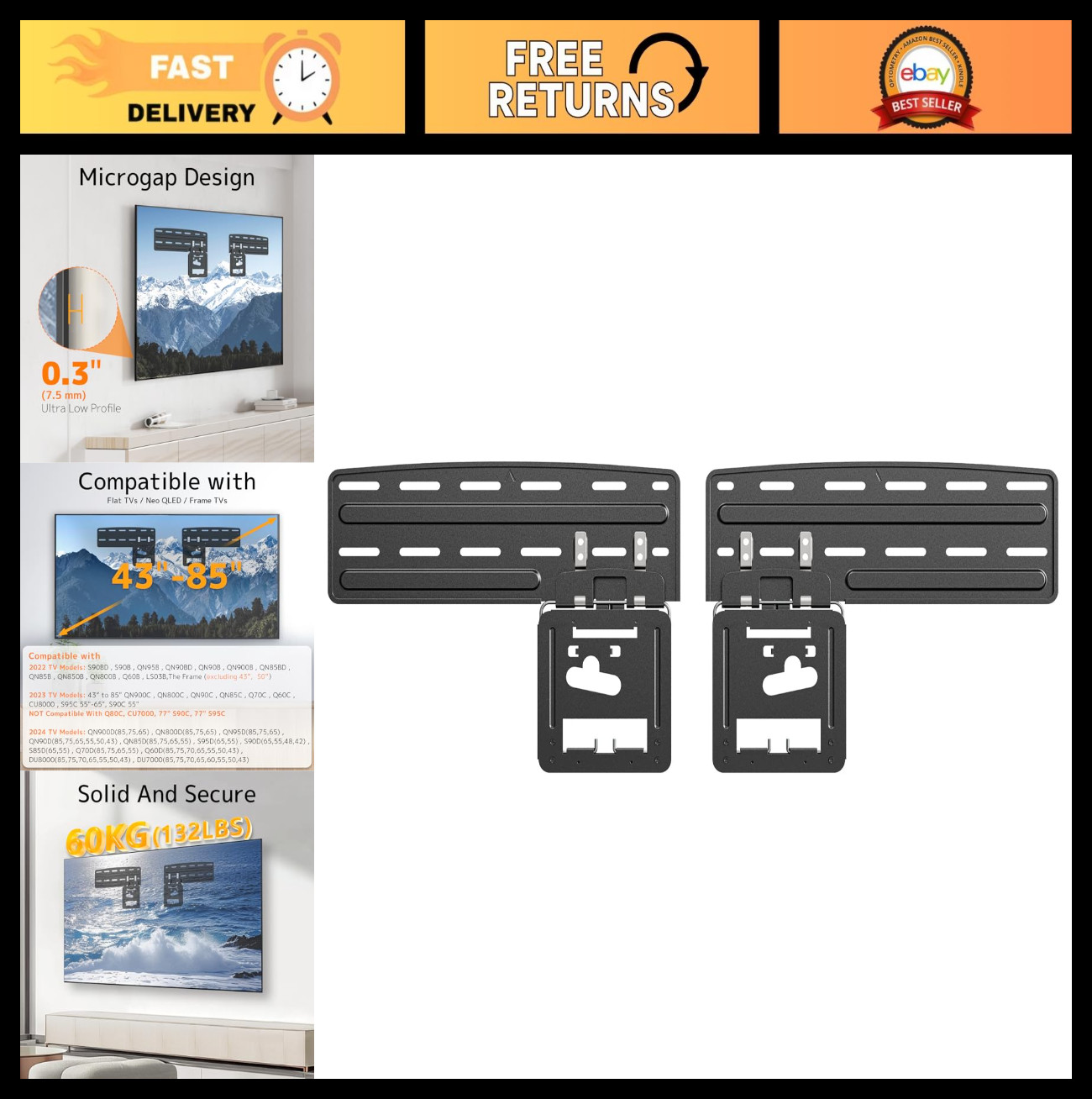 Ultra Slim Wall Mount for 43-85" TVs - VESA 1200x800, Holds 132 lbs, Slim Fit De