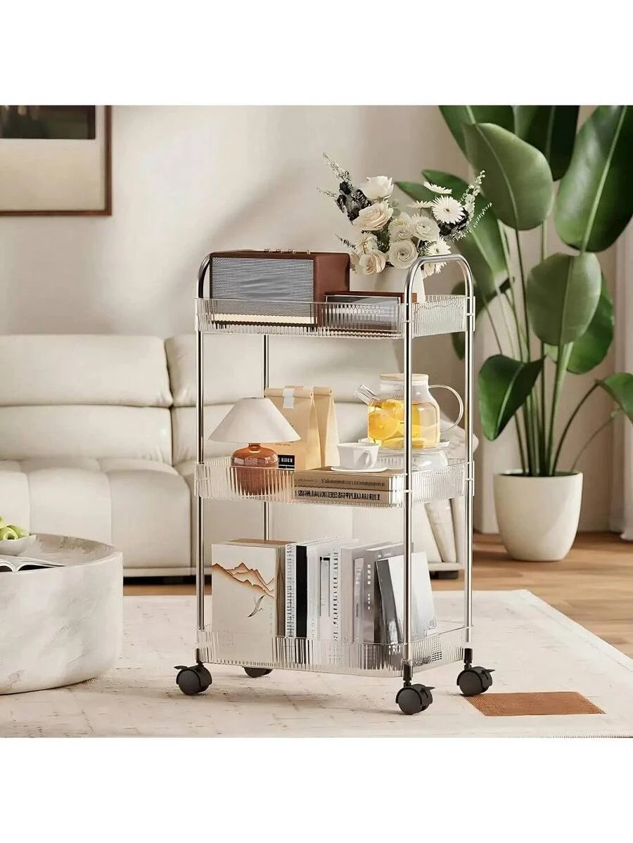 3 4-Tier Acrylic Multi-Use Rolling Cart Modern Clear Design Alloy Handle