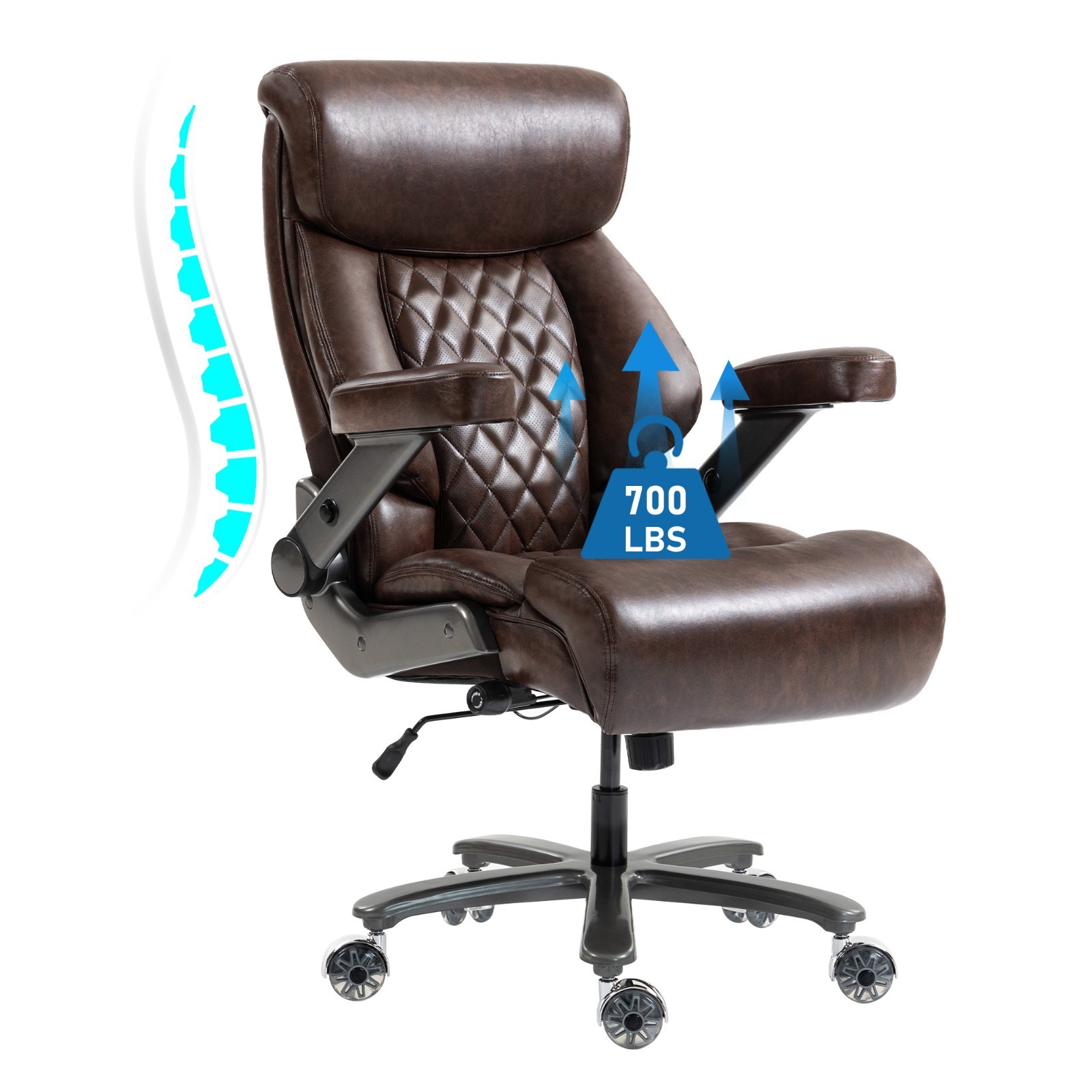 Heavy Duty 700LBS Chair Adjustable Height & Armrests Faux Leather Quiet Wheels
