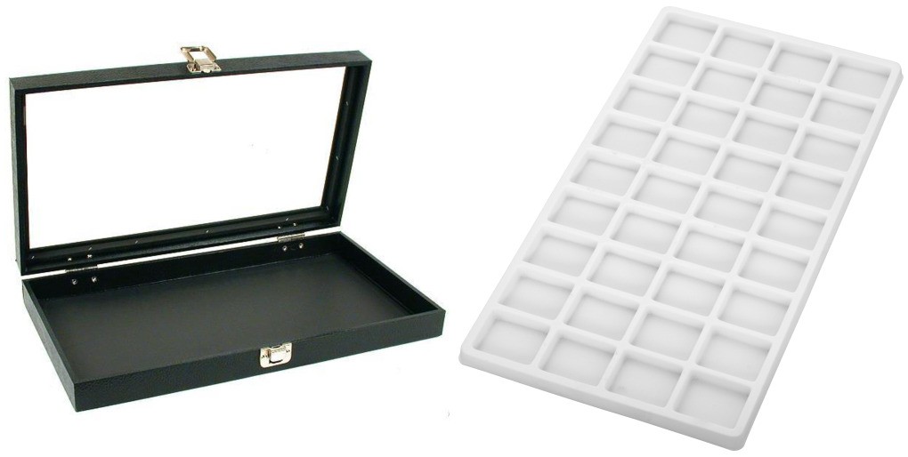 Glass Lid Jewelry Display Case 14 3/4" w/ White 36 Compartment Display Tray