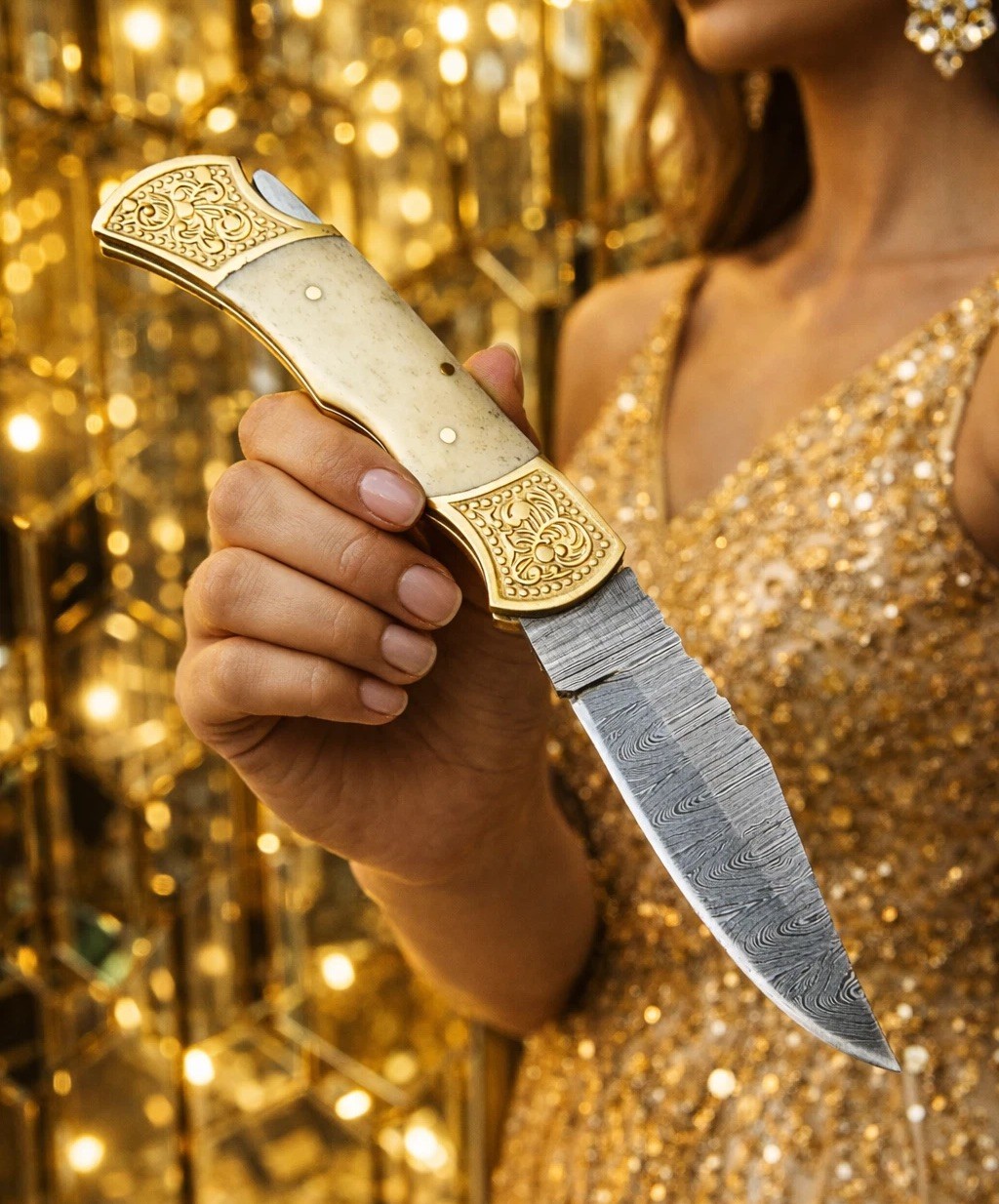 Outdoor Adventure Damascus Folding Pocket Knife Camel Bone Brass Bolster Handle