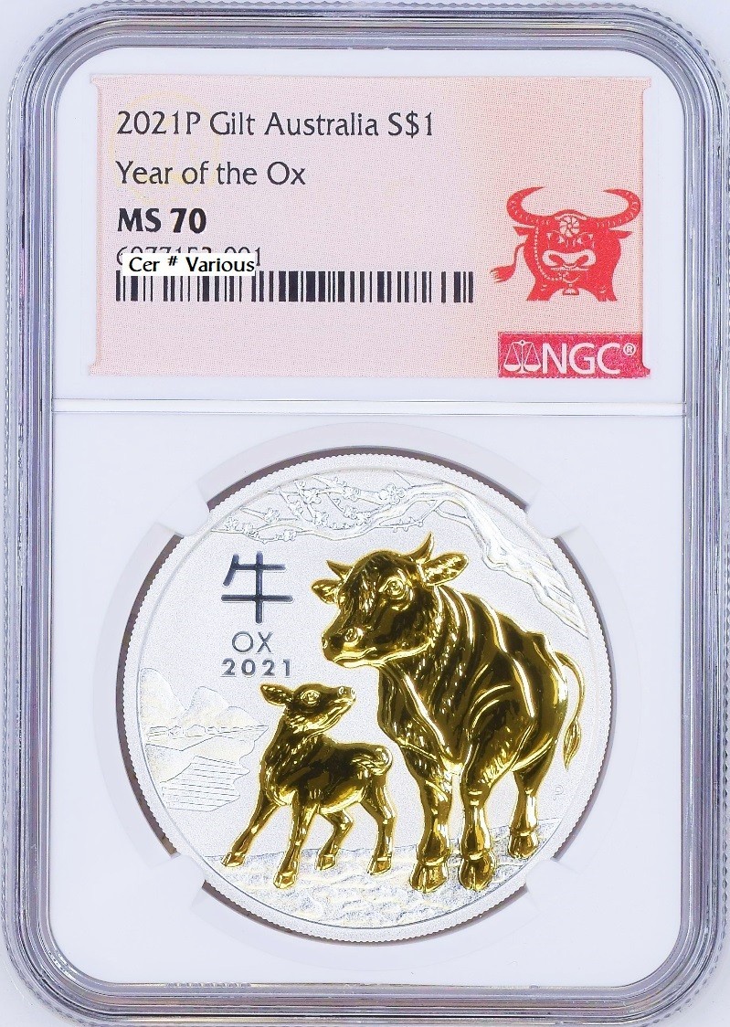 2021 Australia GILDED Silver Lunar Year of the OX NGC MS 70 1oz Coin GILT