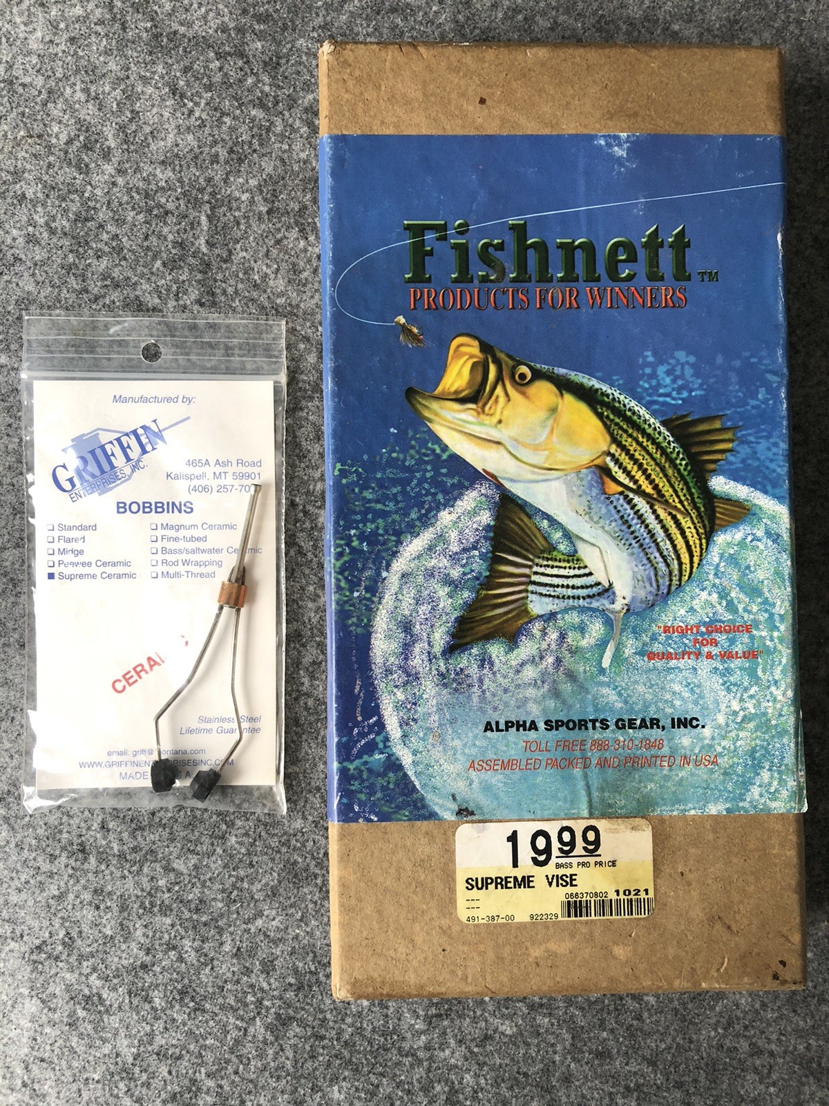 Fishnett Supreme Fly Tying Vise and Griffin Ceramic Bobbin, Fly Fishing, NEW