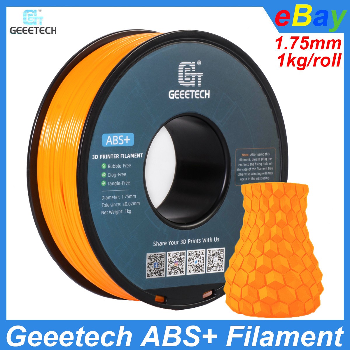 NEW Geeetech ABS+ 1.75mm 3D Printer Filament 1kg Orange Toughness ABS+ Filament