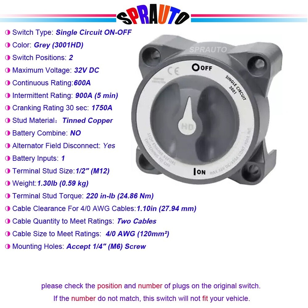 Marine Boat Battery Switch Single Circuit ON/OFF w/AFD 32V 600A 3001 HD-Series