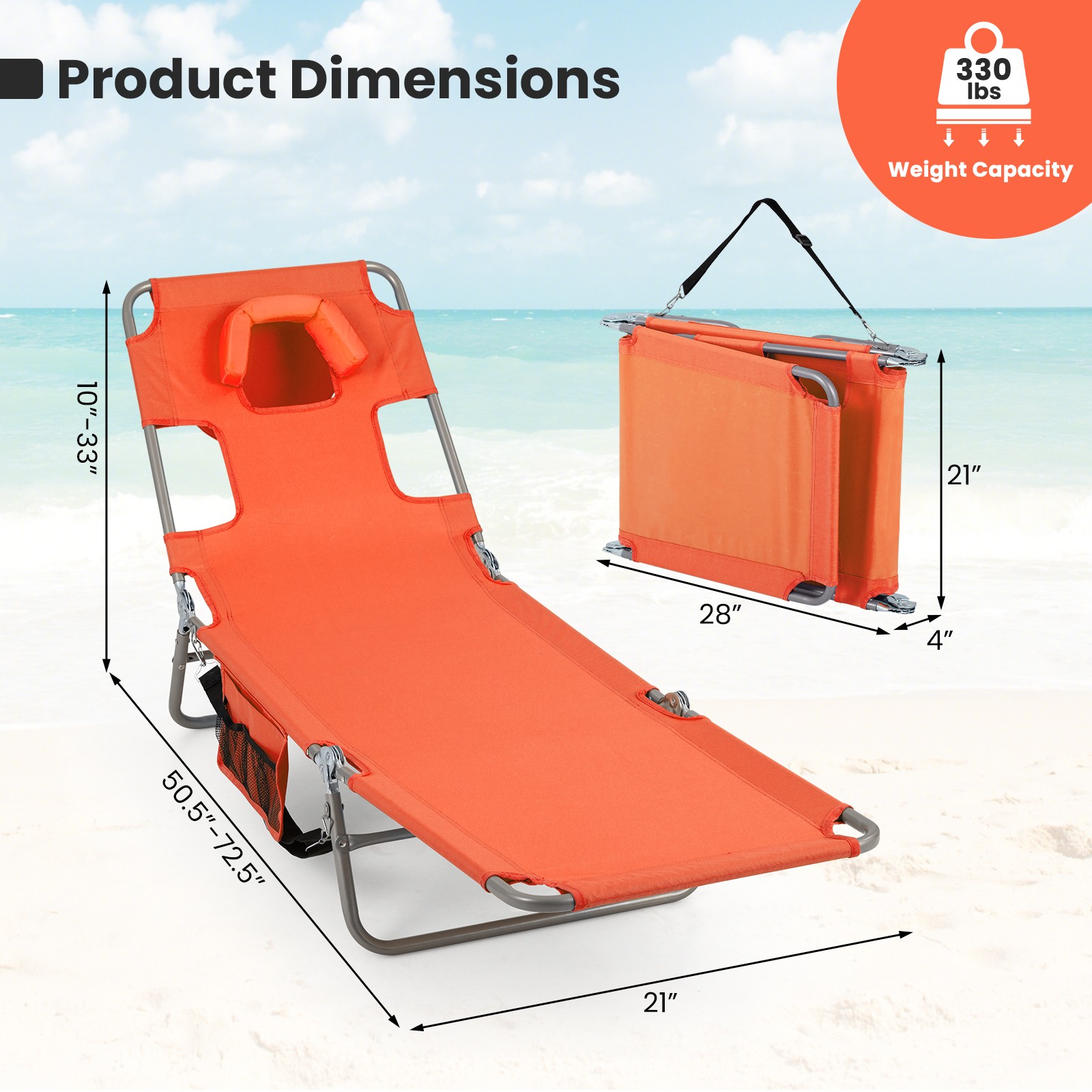 2PCS Tanning Chair,Folding Beach Lounge Chair w/5-Position Adjustable Backrest