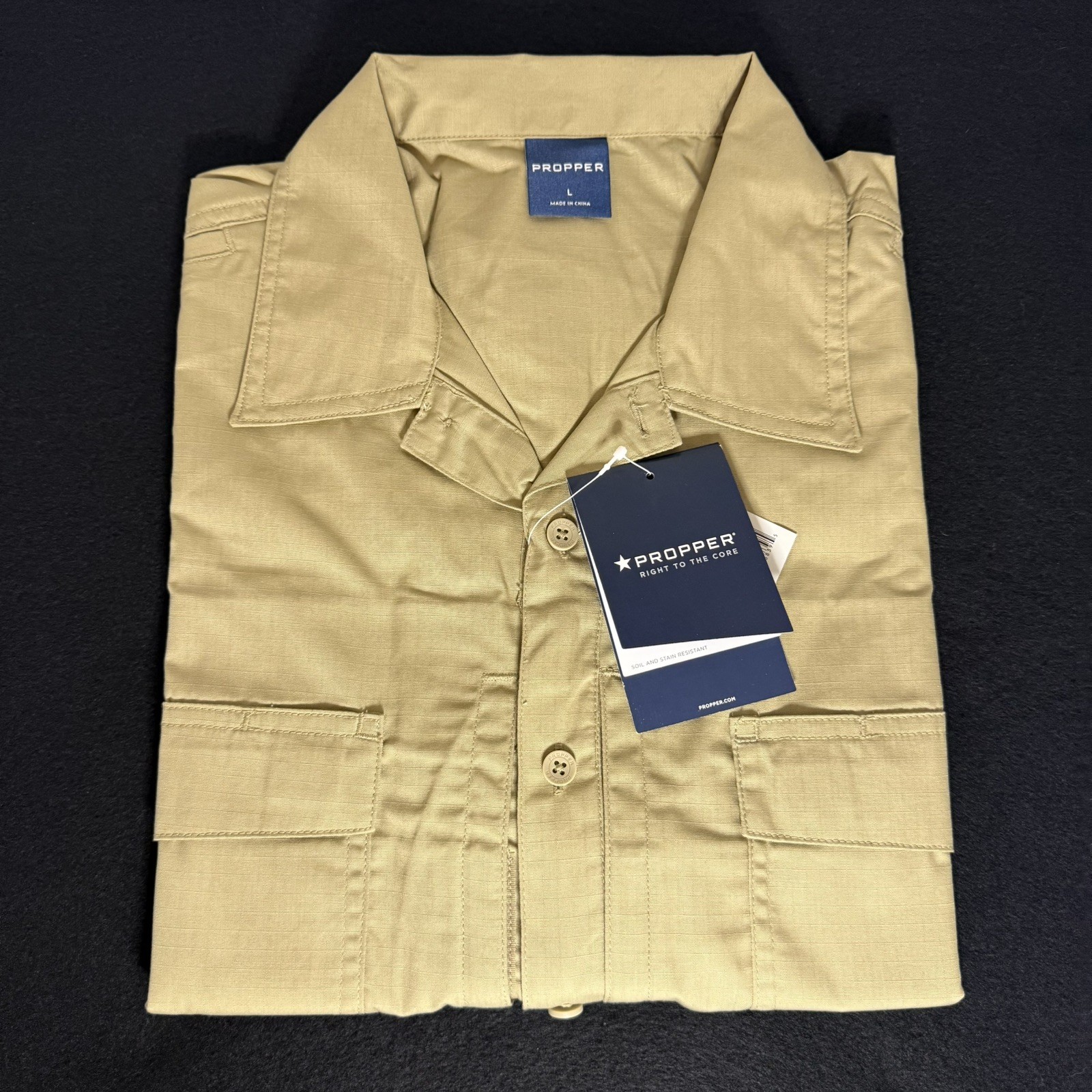 Propper Mens L RevTac Short Sleeve Tactical Shirt -ZipFront-StainResistant-KHAKI