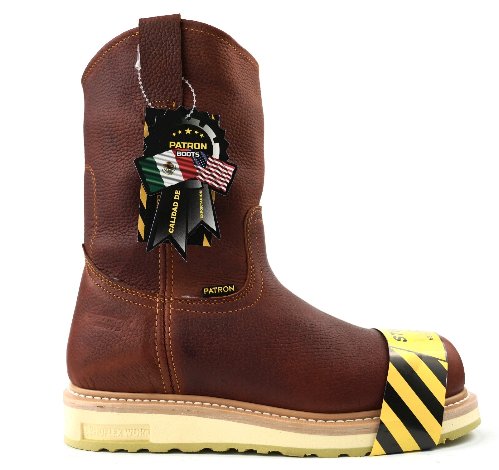 MEN'S WORK BOOTS STEEL TOE PULL ON ROUND TOE SAFETY BROWN GENUINE LEATHER BOTAS