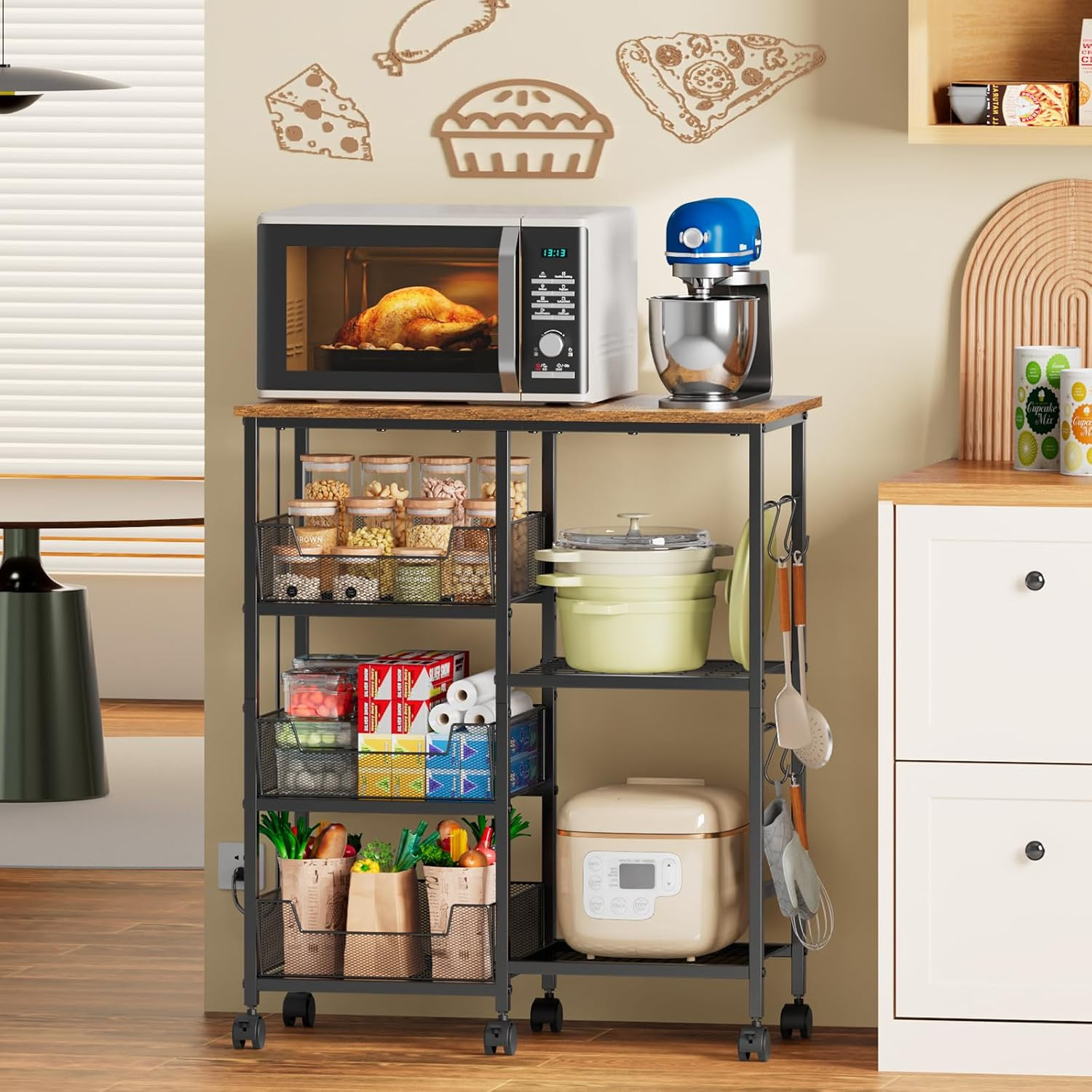 Rolling Kitchen Storage Microwave Cart, Kitchen Island with Adjustable Shelf on