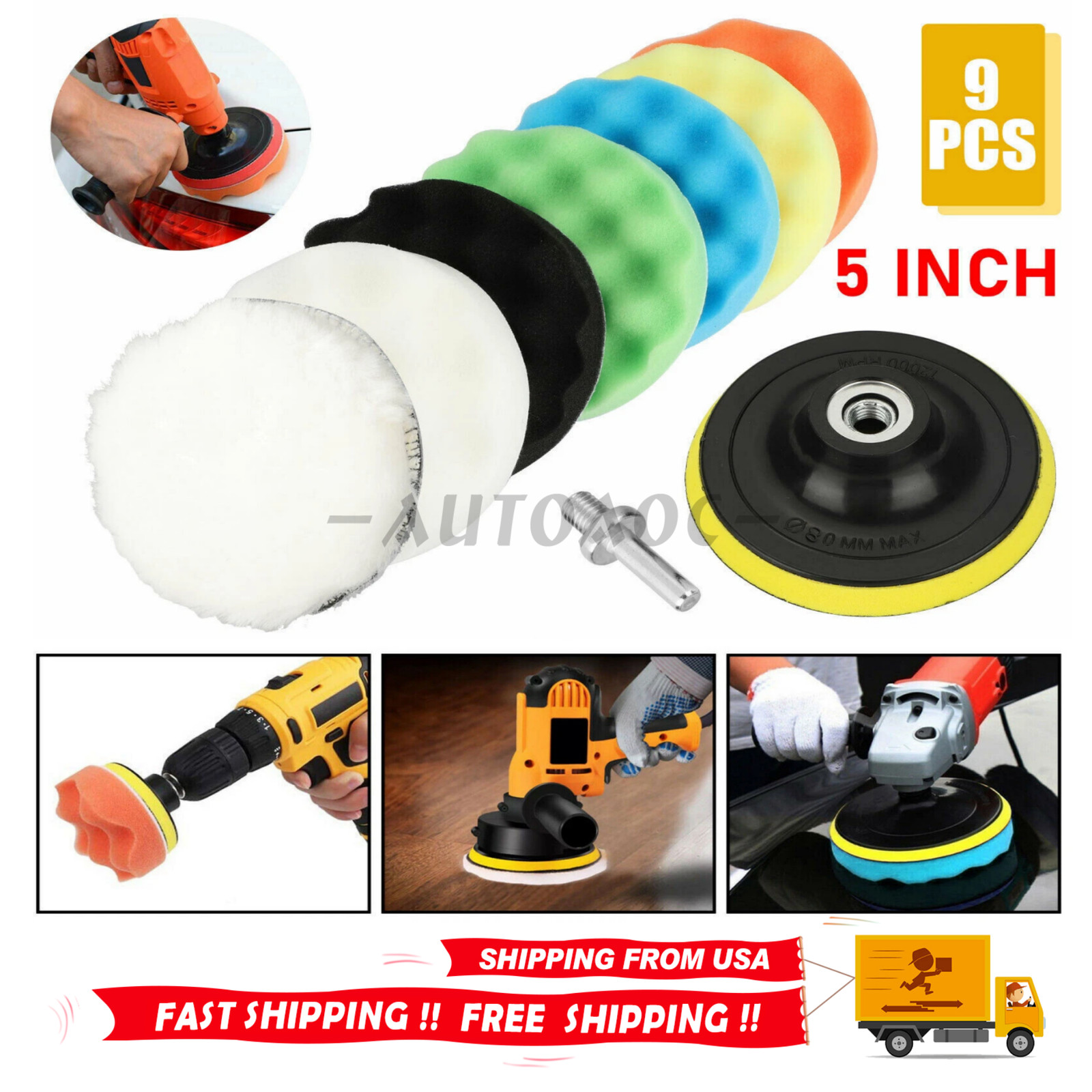9pcs 5 Inch Car Buffing Pads Polishing for Drill Sponge Kit Waxing Foam Polisher