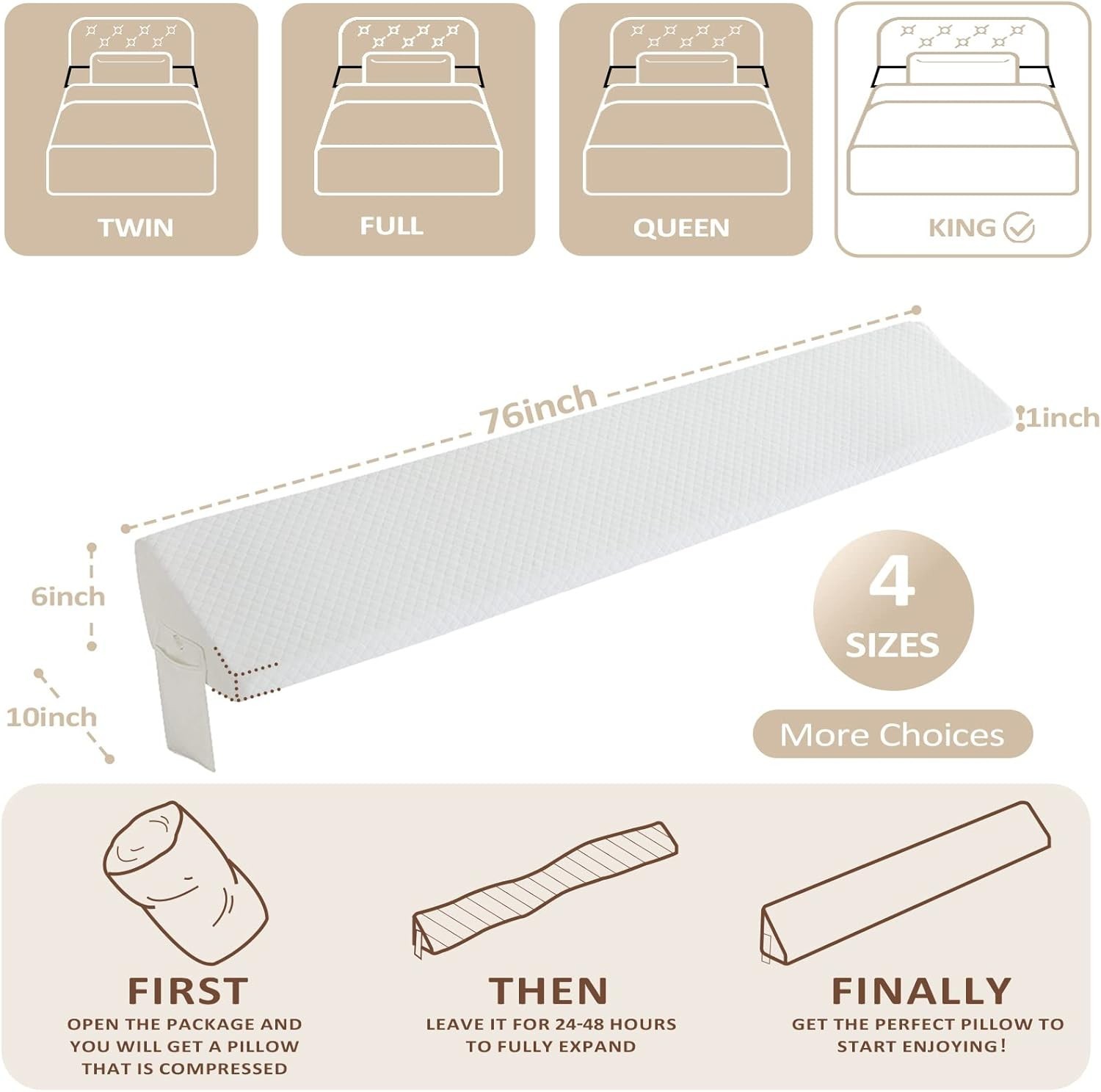 King Size（76"x10"x6"） Bed Wedge Pillow for Headboard - Bed Gap Filler0-8" - T...