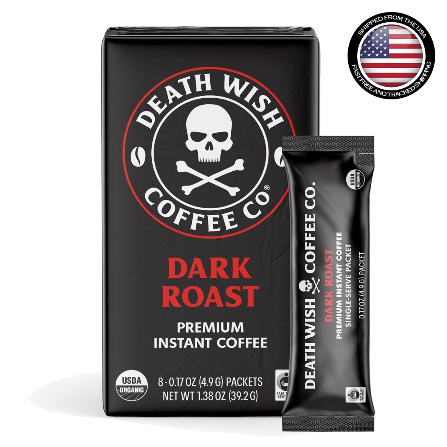 8 Pack Instant Dark Roast Coffee - Bold USDA Organic Arabica & Robusta Blend