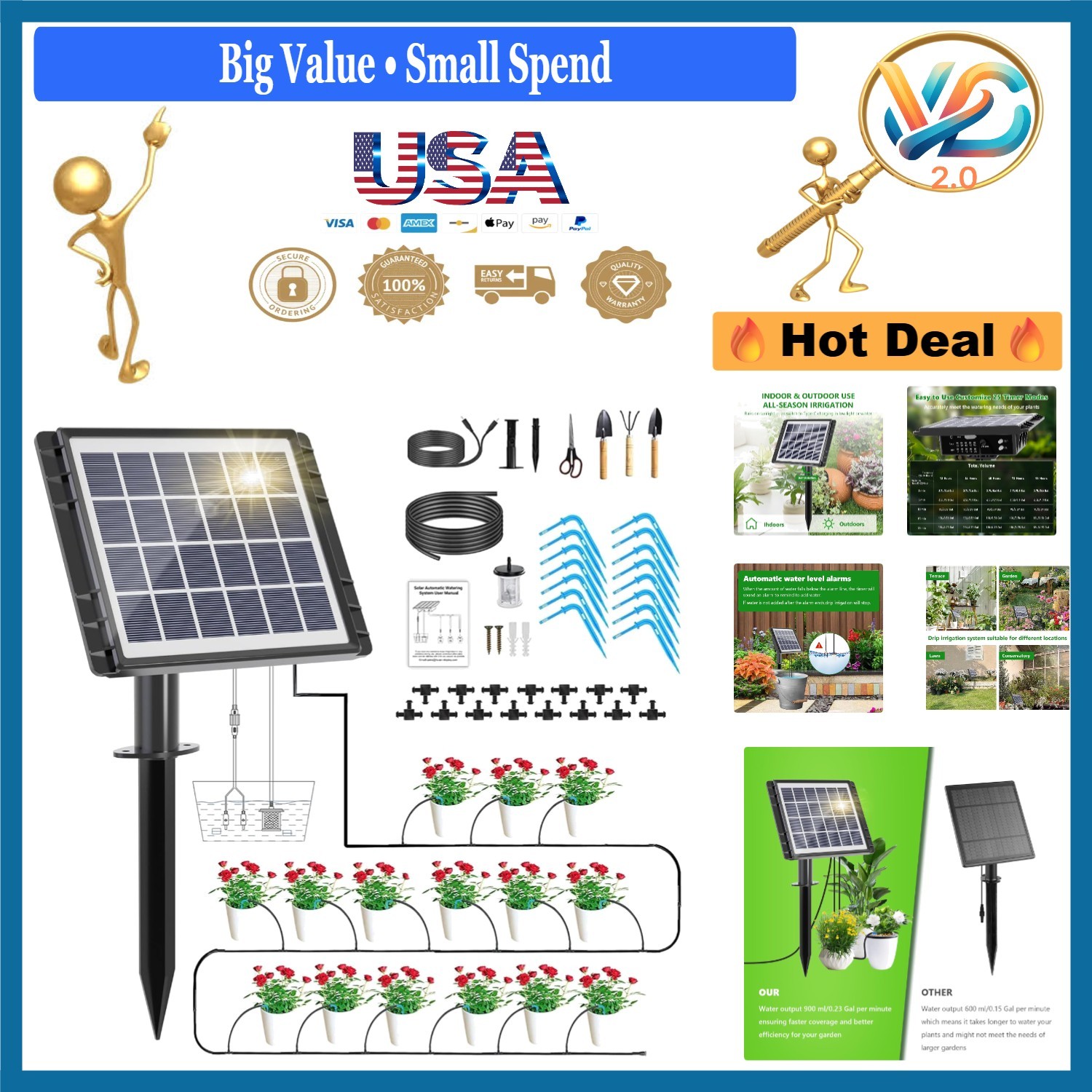 49FT Solar Drip Irrigation System for 15 Pots Auto Watering Kit Indoor Outdoor