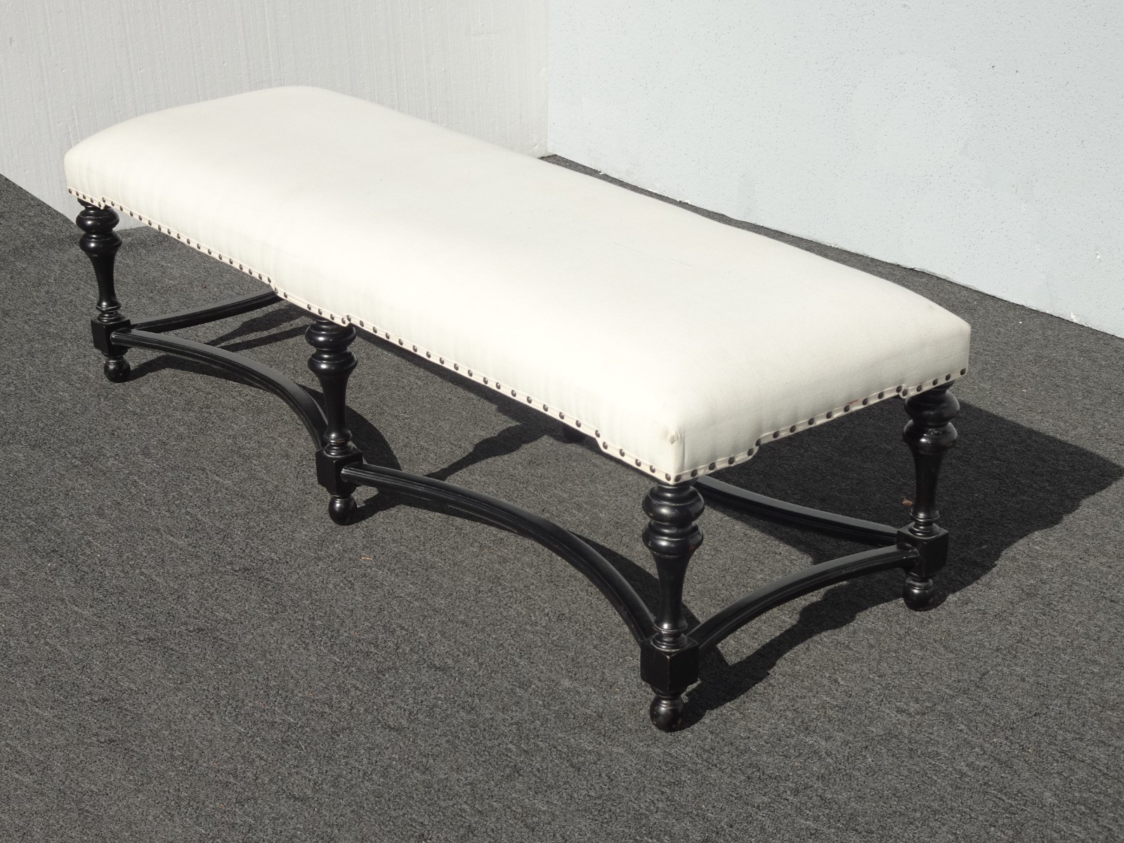 Modern White Bed Side Bench with Curved Black Base & Designer Fabric
