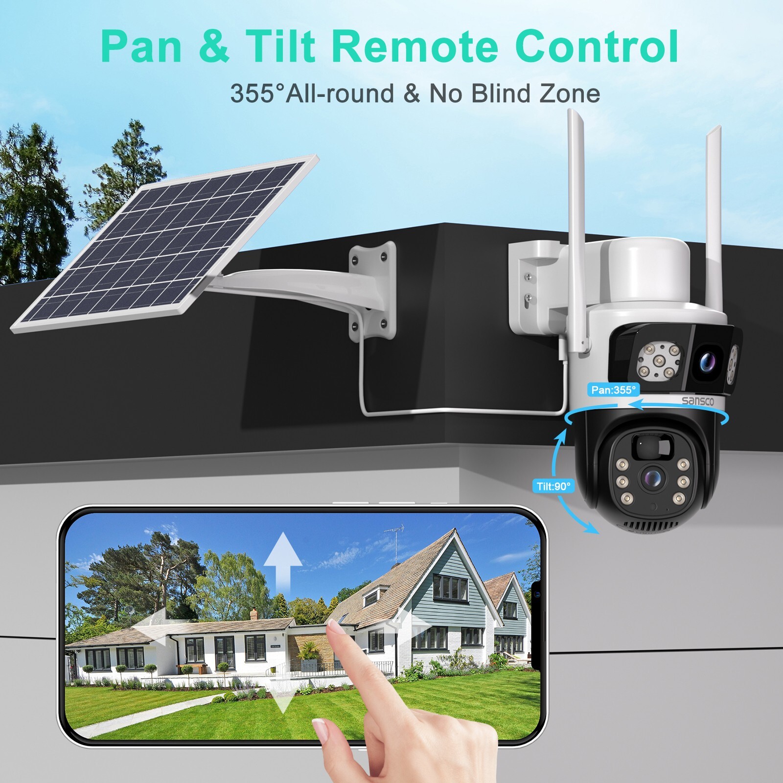2PCS Solar 4MP Wireless Security Camera WIFI 2-Way Audio Dual-Lens PTZ Camera