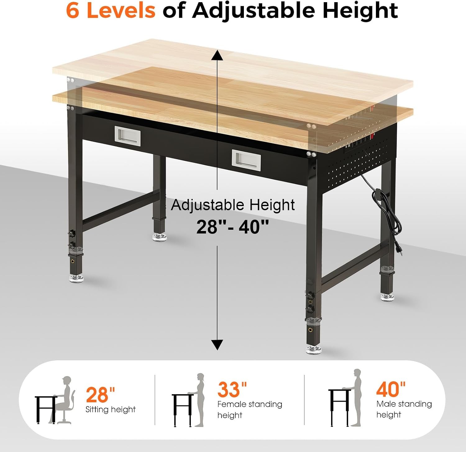 48" Adjustable Work Bench with Drawers Workbench for Garage with Strip Light