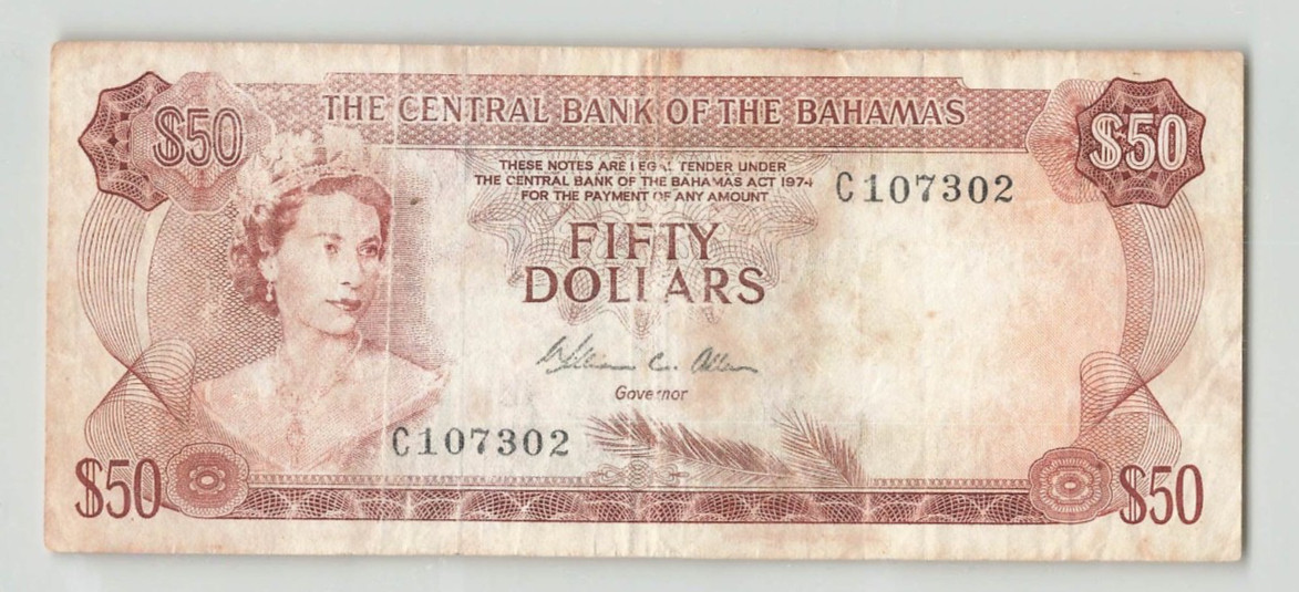 BAHAMAS $50 Dollars 1974, P-40b, Central Bank "Allen" Sign. Ink Faded. QEII Note