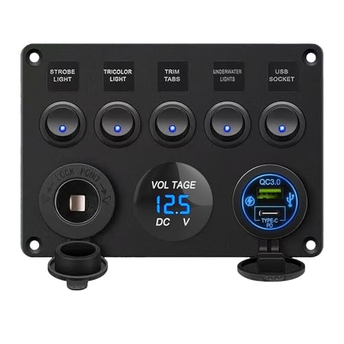 5 Gang Rocker Switch Panel with PD Type-C, USB Charger, Digital 5 Gang+Type-C