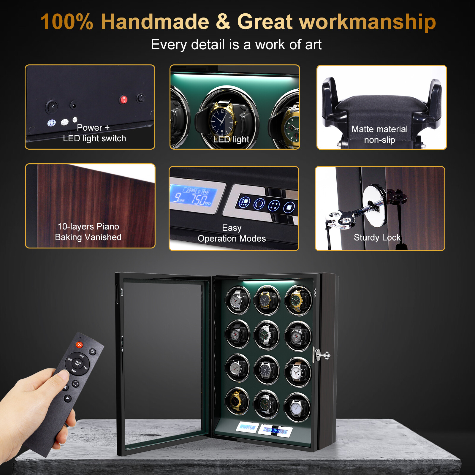 Automatic 12 Watch Winder Rotating Display Case Box LCD Touch Screen Display LED
