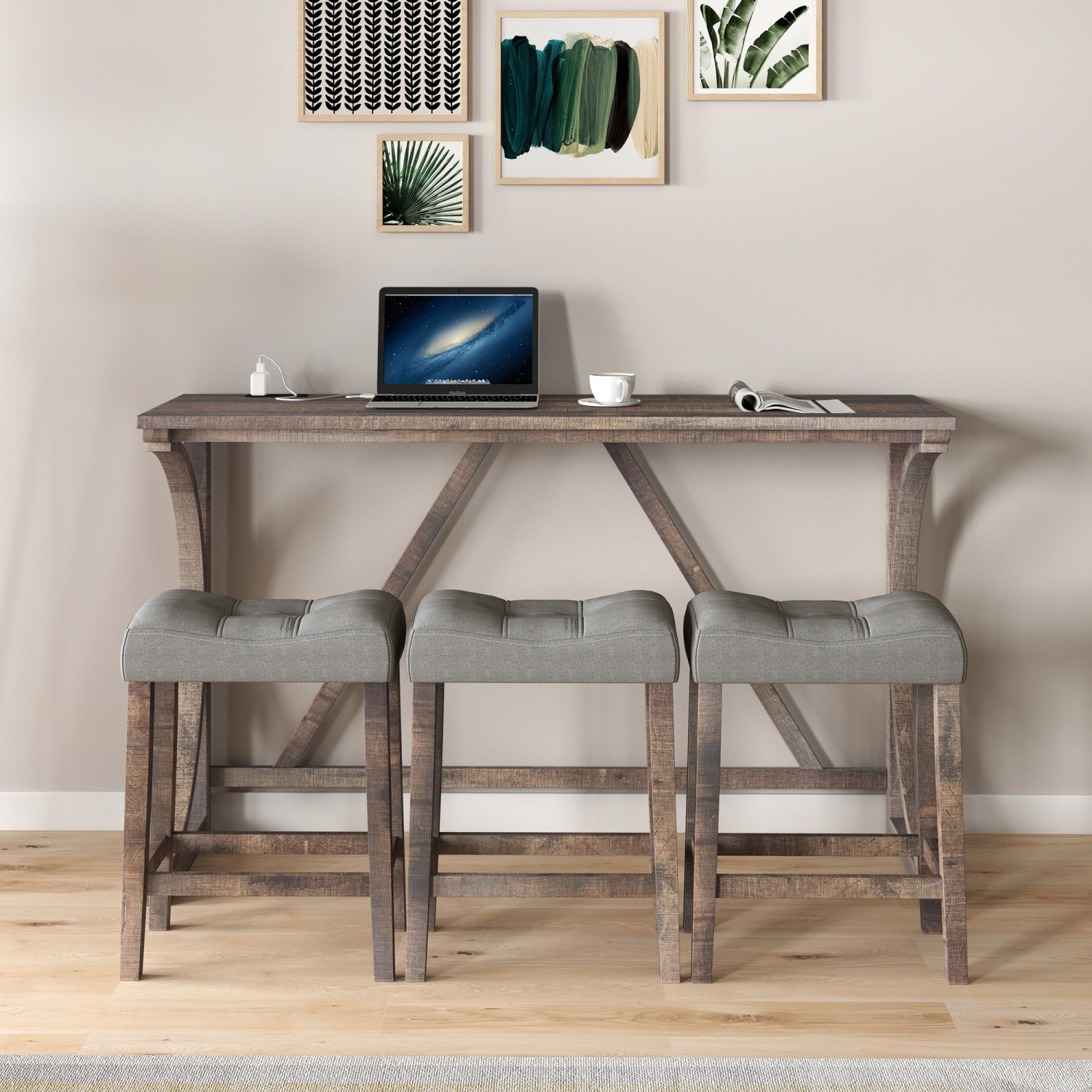 Modern 4 Piece Bar Table Set w/ 3 Saddle Bar Stools & USB Port for Small Spaces