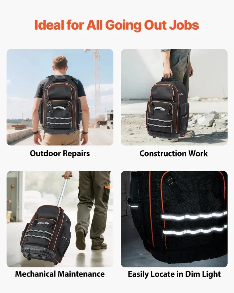 Rolling Tool Backpack, 110 lbs Load Capacity, 72 Pockets Heavy Duty Roller Tool