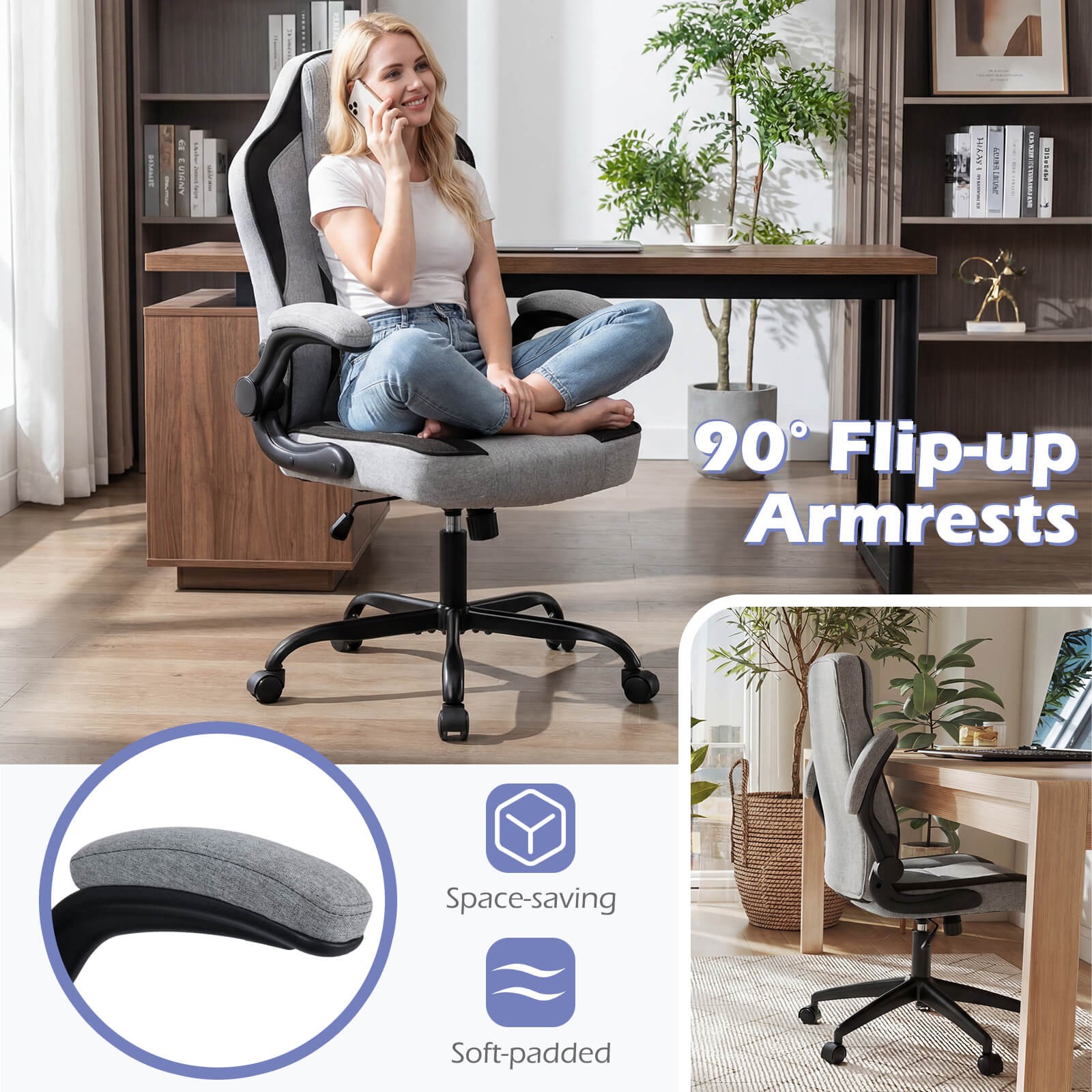 Office Chair w/90° Flip-up Armrests, Adjustable Height & Rocking Function,Wheels
