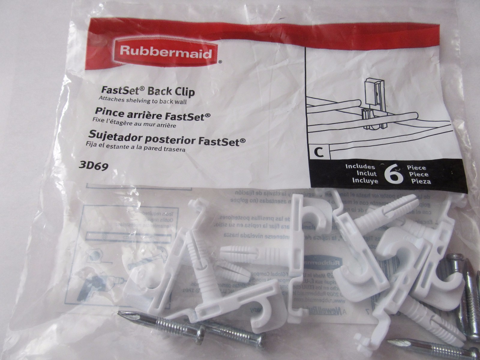 Rubbermaid  Fast Set Back Clip With Drive Pin, 6 Clips  #3D69-LW-WHT  NEW