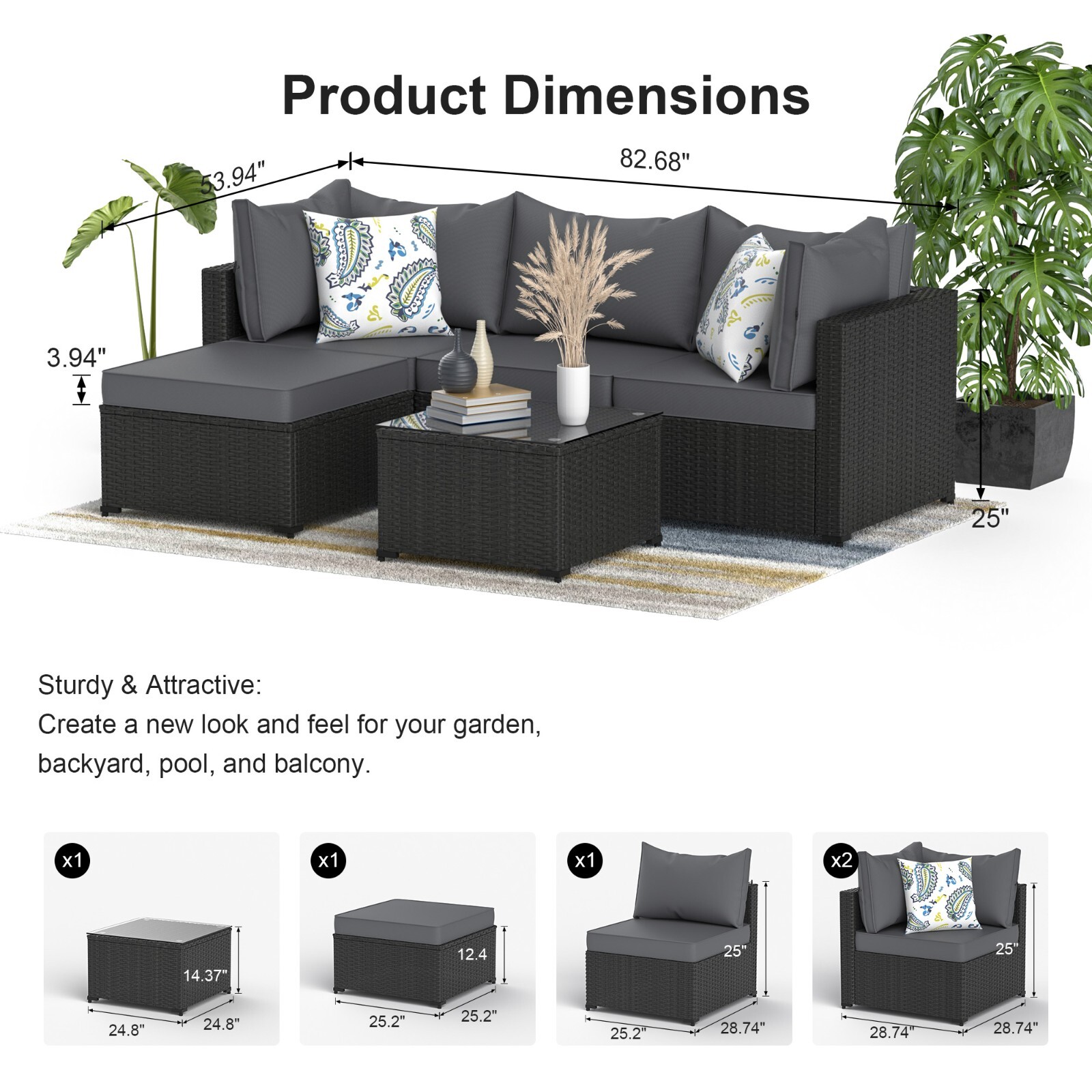 5pcs Outdoor Patio Conversation Sectional Set Wicker Rattan Conversation Set