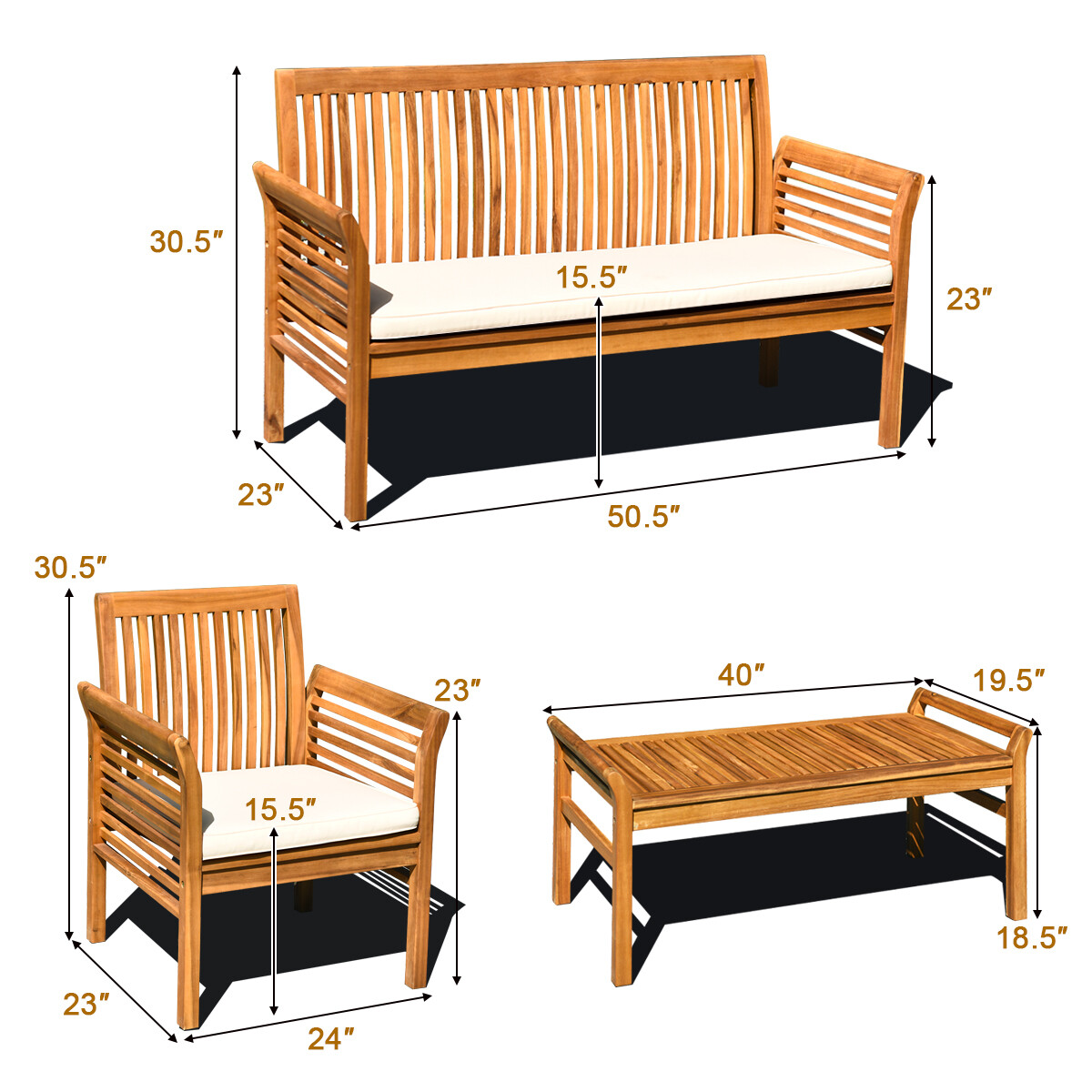 Topbuy 8 PCS Patio Acacia Wood Sofa Set Table Chairs W/ Beige Cushions