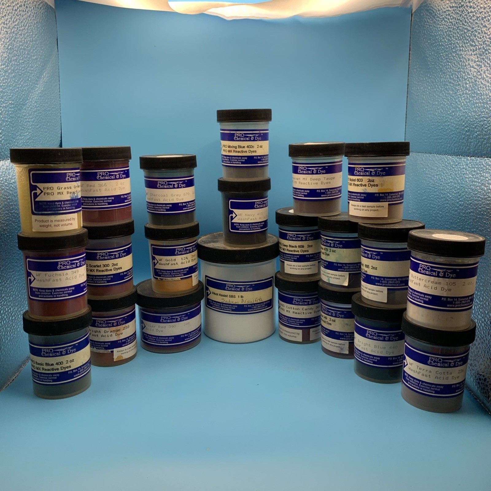 Pro Chemical & Dye Fiber Reactive & acid Dye lot of 22 open wool yarn colors