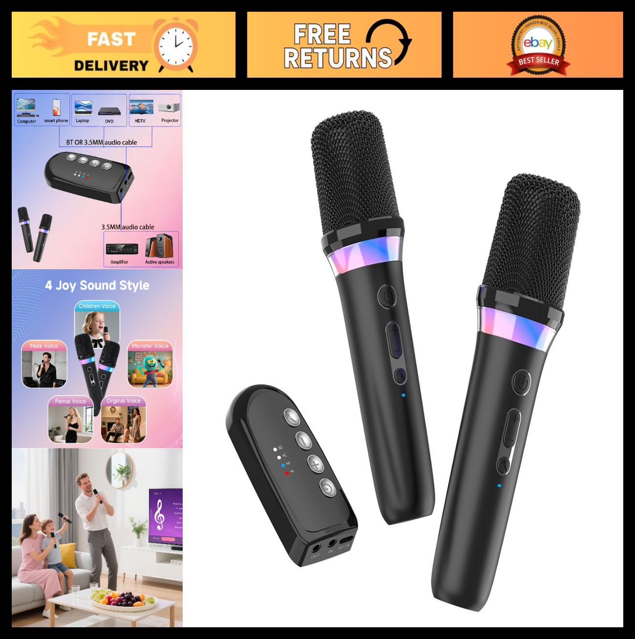 Dual Handheld Karaoke Microphone, Rechargeable with 3.5mm Aux, Volume Control